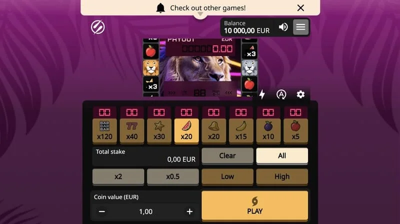 Lion Zama Fruits Bonus Spins - galvenais augļu automāta ekrāns ar lauvas attēlu no African Big 5 sērijas